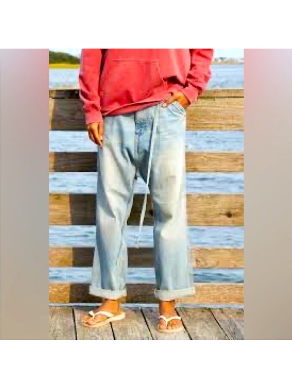 Denimist brand light wash drop crotch jeans